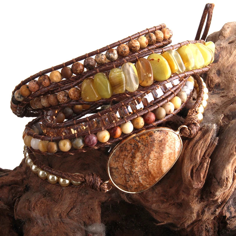 Bohemian Jewelry Boho Bracelet Mixed Natural Stones Charm 5 Strands Wrap Bracelets