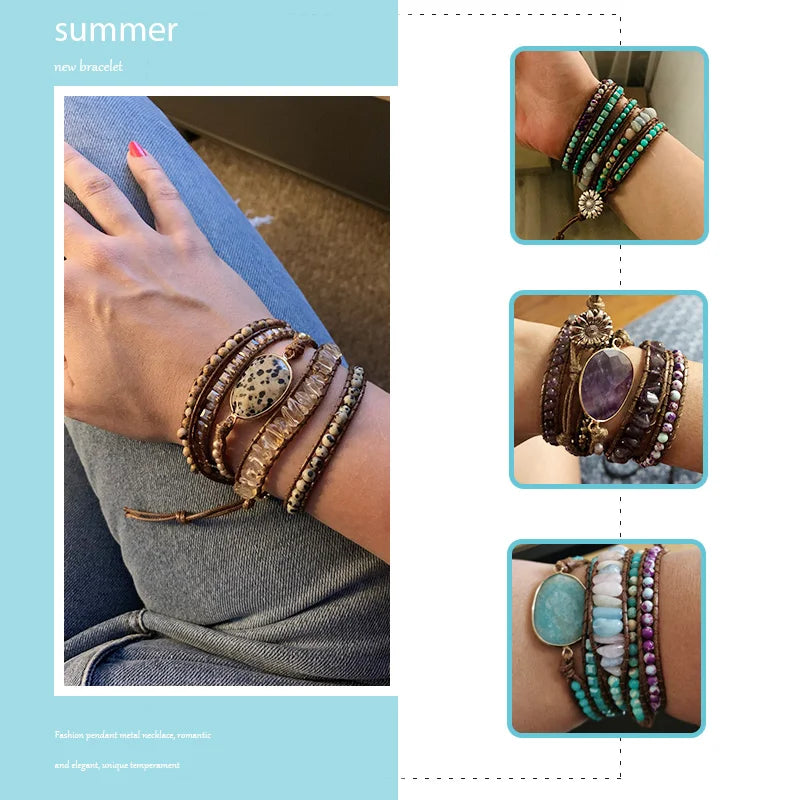 Bohemian Jewelry Boho Bracelet Mixed Natural Stones Charm 5 Strands Wrap Bracelets