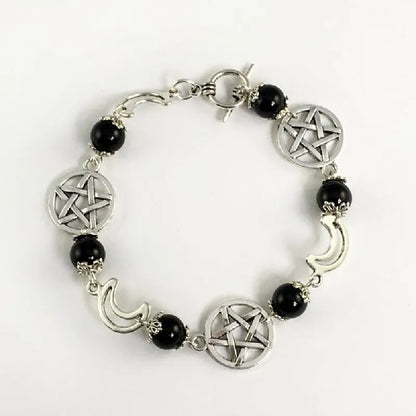 Gothic Amethyst Black Onyx Pentacle Charm Bracelet Punk Goth Pagan Wiccan Jewelry Statement Rock Women Gift Punk