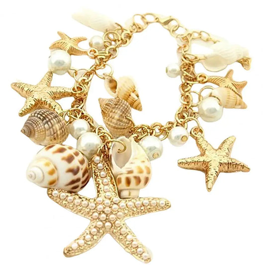 Women Beach Bracelet Cute Adjustable Gold Plated Ocean Faux Pearl Shell Starfish Link Chain Beach Bracelet