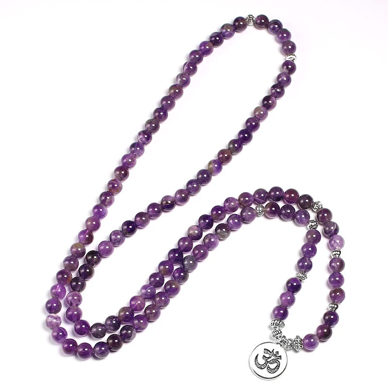 Natural Purple Crystal Amethysts Bracelet 6mm Beads Necklace Yoga 108 Mala Stone Bracelet for Women Lotus Energy Jewelry