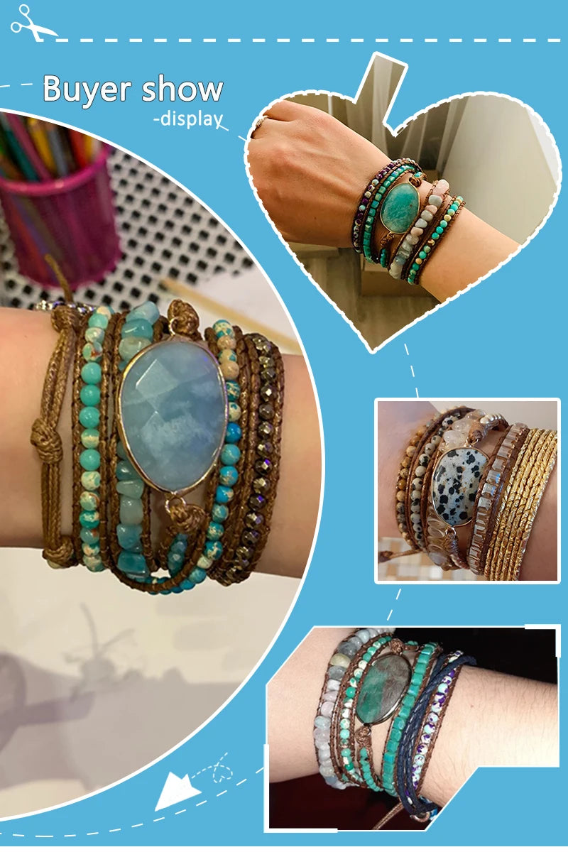 Bohemian Jewelry Boho Bracelet Mixed Natural Stones Charm 5 Strands Wrap Bracelets