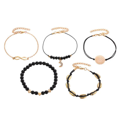 5pcs/set Bohemia Shell Moon Charm Bracelet set For Women Heart Geometric Black Beads Chain Bangle Girls Fashion Jewelry Gift