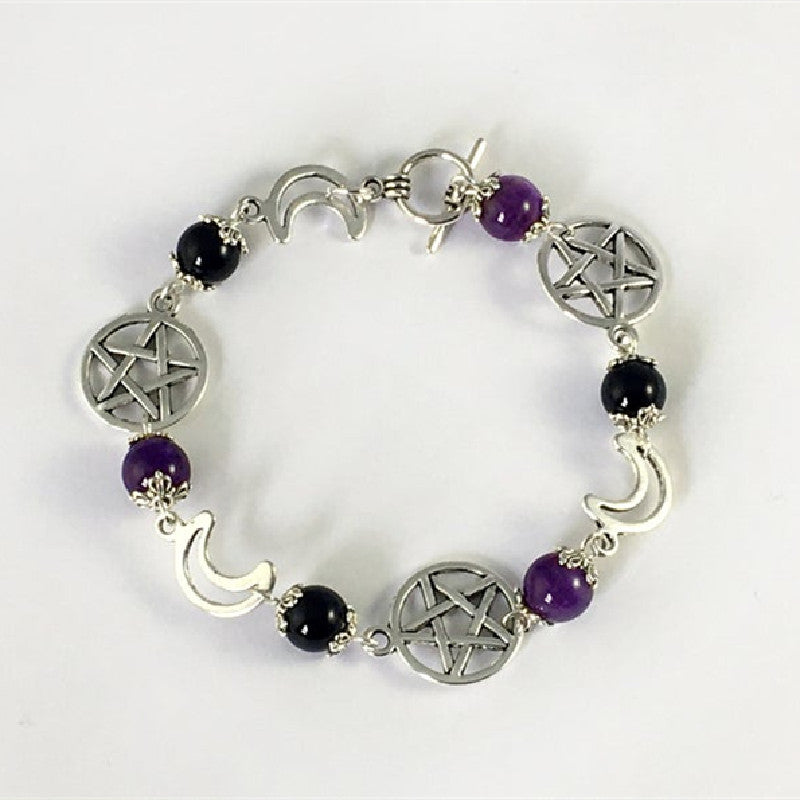 Gothic Amethyst Black Onyx Pentacle Charm Bracelet Punk Goth Pagan Wiccan Jewelry Statement Rock Women Gift Punk