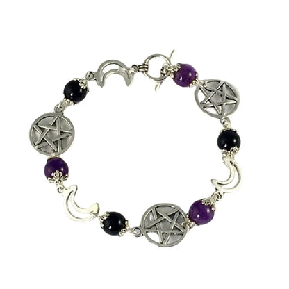 Gothic Amethyst Black Onyx Pentacle Charm Bracelet Punk Goth Pagan Wiccan Jewelry Statement Rock Women Gift Punk