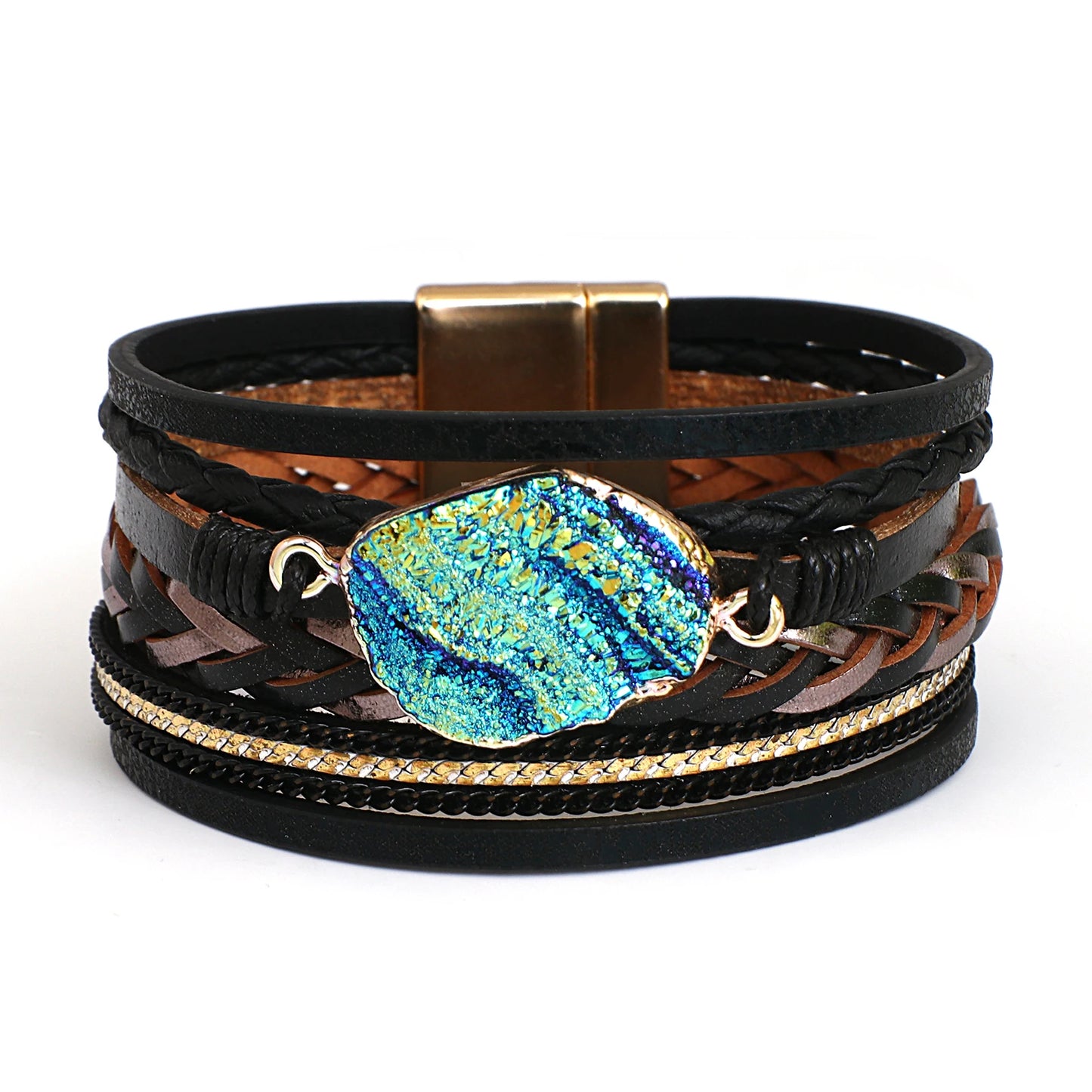 Boho Colorful Stone Leather Bracelet for Women Men Vintage Jewelry Charms Multilayer Braided Wide Wrap Bracelets Bangles