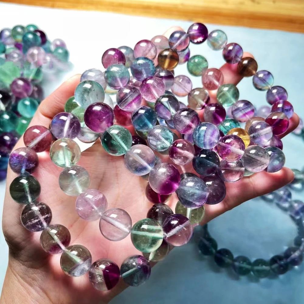 Natural Colored Fluorite Bracelet Women Wrist Jewelry Elastic Rope Beaded Bracelet Crystal Fluorite Fashion Jewelry Gifts