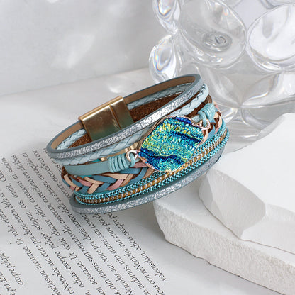 Boho Colorful Stone Leather Bracelet for Women Men Vintage Jewelry Charms Multilayer Braided Wide Wrap Bracelets Bangles