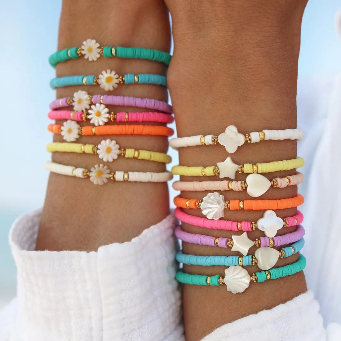 Boho Jewelry Stacking Bracelets Polymer Clay Beads Bracelet Gold Color Spaced Beads Pulseras