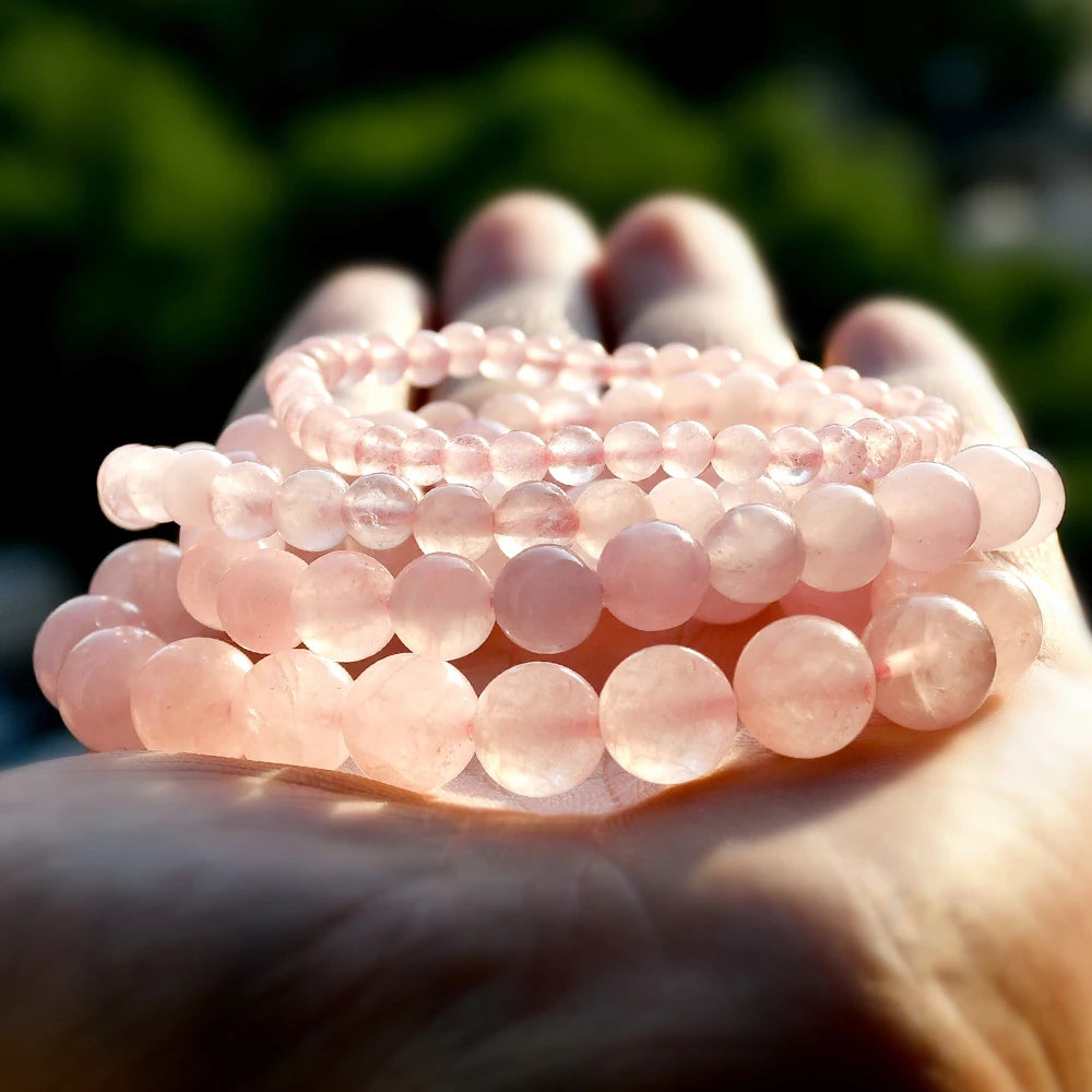 Natural Stone Rose Quartz Round Beads Elastic Bracelet Bohemian Women's Fashion Charm Summer Holiday Beach Handmade Jewelry