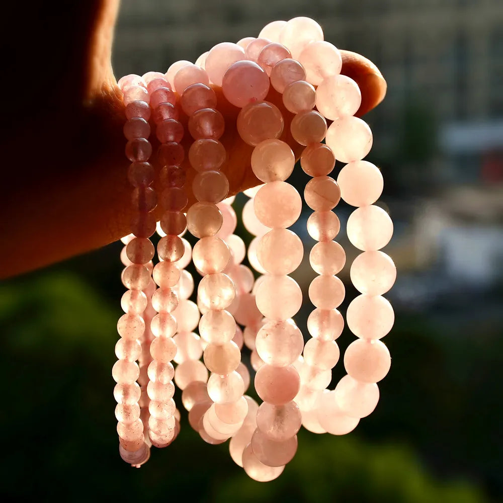 Natural Stone Rose Quartz Round Beads Elastic Bracelet Bohemian Women's Fashion Charm Summer Holiday Beach Handmade Jewelry