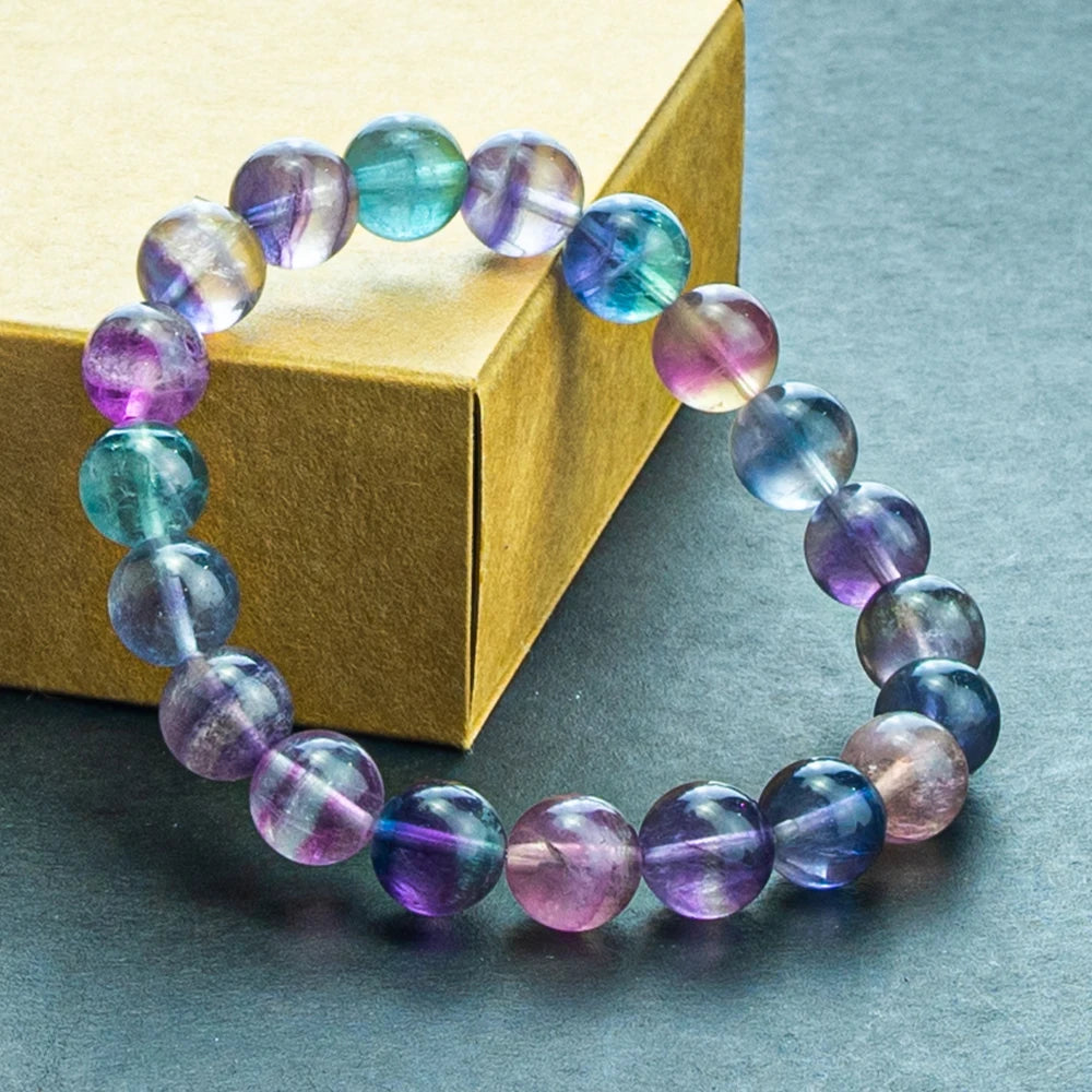 Natural Colored Fluorite Bracelet Women Wrist Jewelry Elastic Rope Beaded Bracelet Crystal Fluorite Fashion Jewelry Gifts