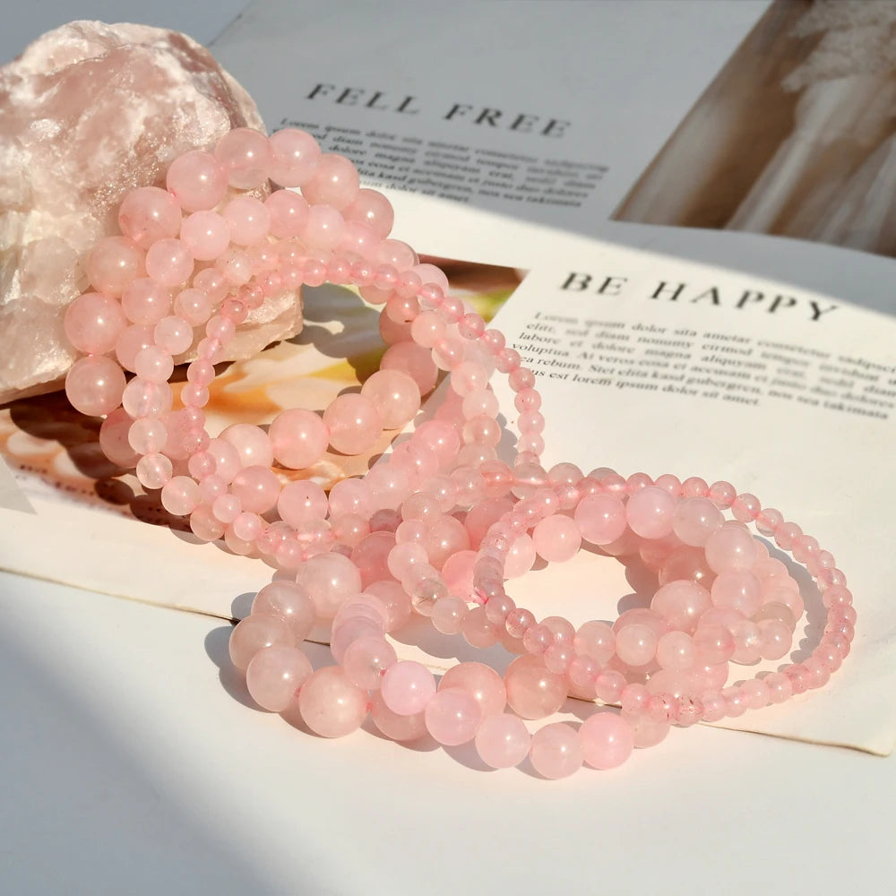 Natural Stone Rose Quartz Round Beads Elastic Bracelet Bohemian Women's Fashion Charm Summer Holiday Beach Handmade Jewelry