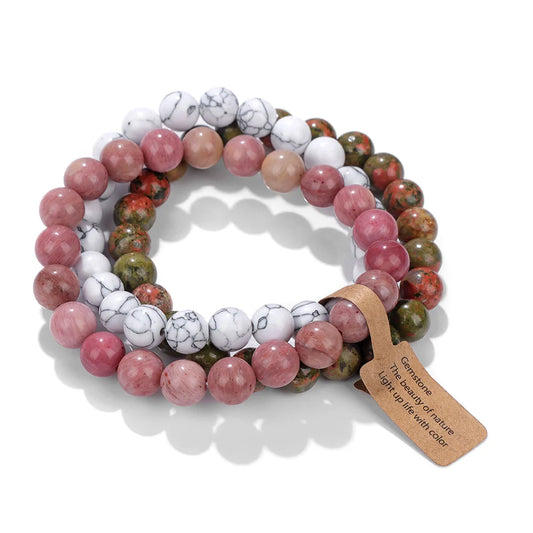 3Pcs/Set Natural Stone Unakites Howlites Rhodochrosites Beaded Bracelets - Zenlike