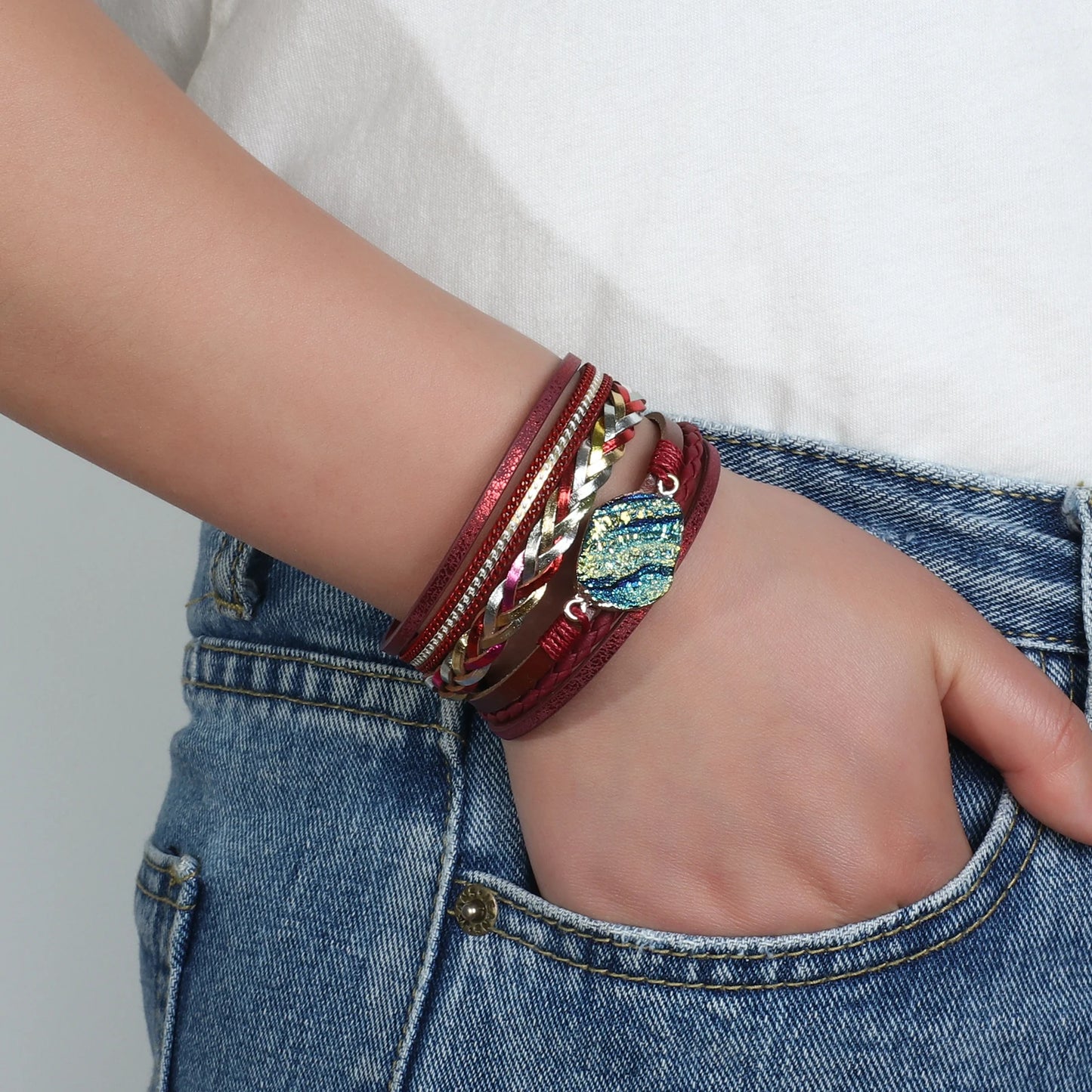 Boho Colorful Stone Leather Bracelet for Women Men Vintage Jewelry Charms Multilayer Braided Wide Wrap Bracelets Bangles