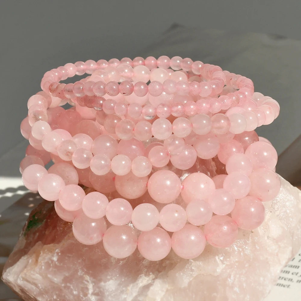 Natural Stone Rose Quartz Round Beads Elastic Bracelet Bohemian Women's Fashion Charm Summer Holiday Beach Handmade Jewelry