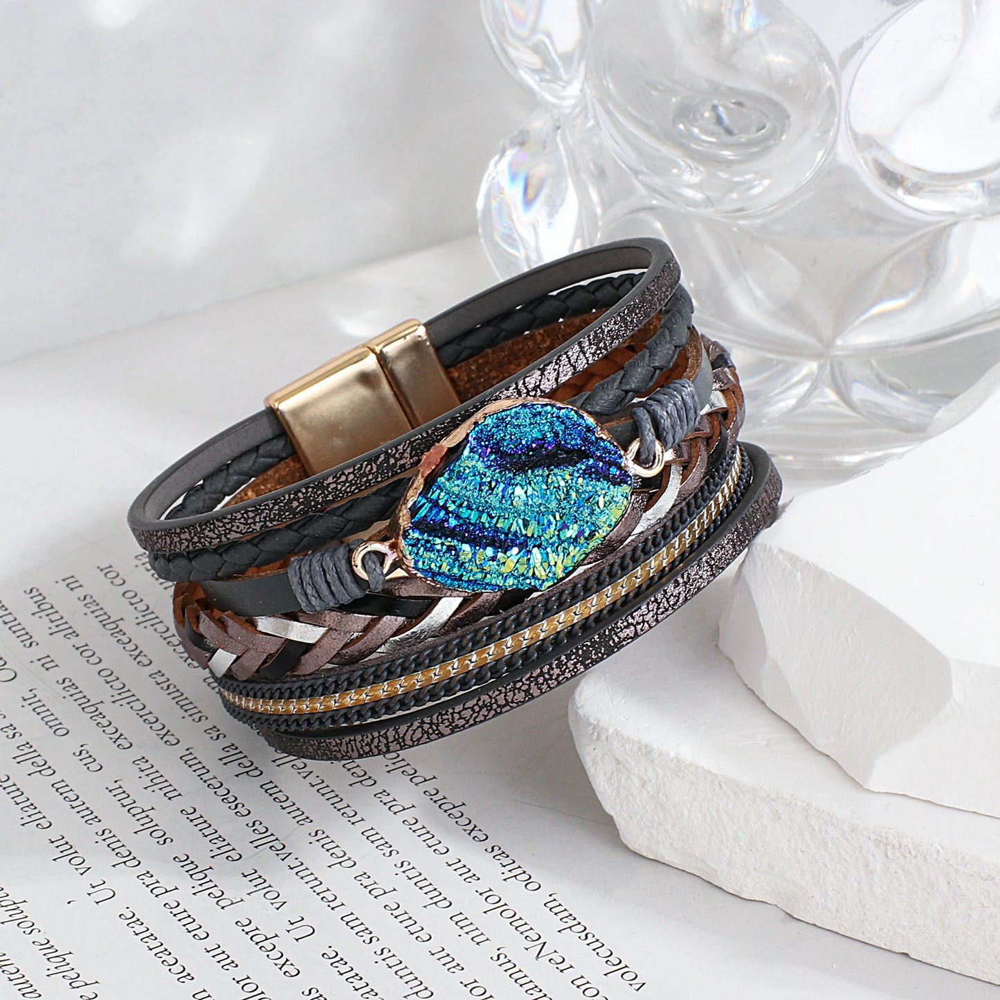 Boho Colorful Stone Leather Bracelet for Women Men Vintage Jewelry Charms Multilayer Braided Wide Wrap Bracelets Bangles