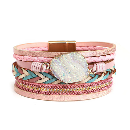 Boho Colorful Stone Leather Bracelet for Women Men Vintage Jewelry Charms Multilayer Braided Wide Wrap Bracelets Bangles