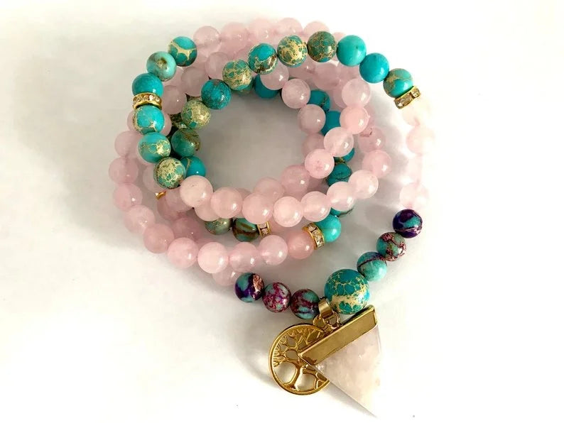 LOVE and COMPASSION 108 Mala Bracelet, Rose Quartz and Emperor Jasper Mala, Birthday Gifts, Yoga Gift for Her, Mala Bead