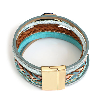 Boho Colorful Stone Leather Bracelet for Women Men Vintage Jewelry Charms Multilayer Braided Wide Wrap Bracelets Bangles