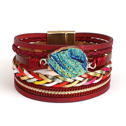 Boho Colorful Stone Leather Bracelet for Women Men Vintage Jewelry Charms Multilayer Braided Wide Wrap Bracelets Bangles