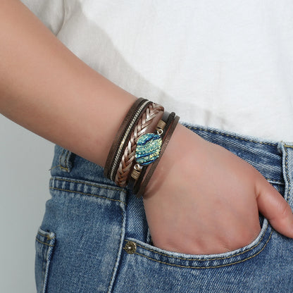 Boho Colorful Stone Leather Bracelet for Women Men Vintage Jewelry Charms Multilayer Braided Wide Wrap Bracelets Bangles