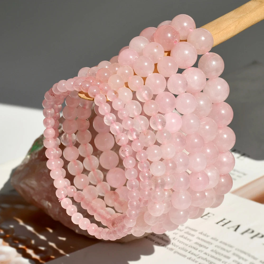 Natural Stone Rose Quartz Round Beads Elastic Bracelet Bohemian Women's Fashion Charm Summer Holiday Beach Handmade Jewelry