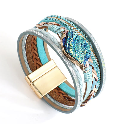 Boho Colorful Stone Leather Bracelet for Women Men Vintage Jewelry Charms Multilayer Braided Wide Wrap Bracelets Bangles