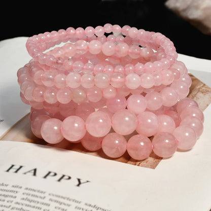 Natural Stone Rose Quartz Round Beads Elastic Bracelet Bohemian Women's Fashion Charm Summer Holiday Beach Handmade Jewelry